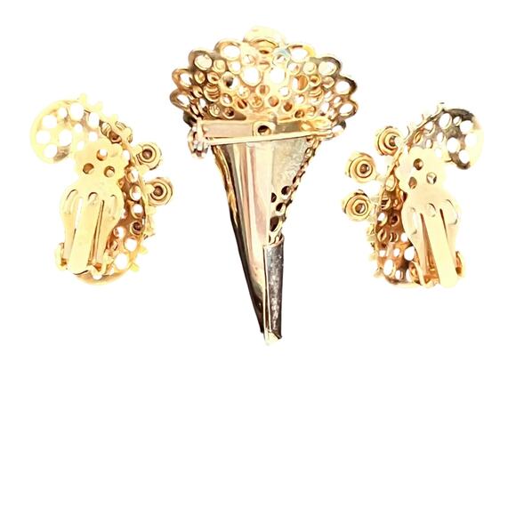 Vtg Purple Flower Brooch & Earrings Set Bouquet Gold Pin Rhinestones Retro Glam - Picture 5 of 13